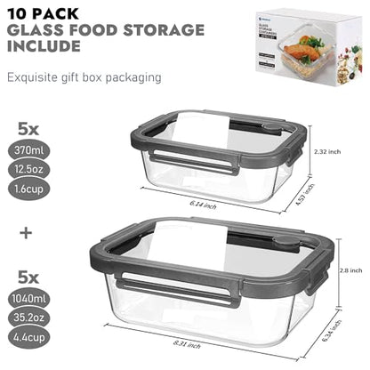 10-Pack Glass Food Storage Containers with Tempered Lids – Borosilicate, Airtight, Oven-Safe (-4°F~950°F), BPA-Free, 4.4 & 1.6 Cup, Leak-Proof, Dishwasher Safe (Gray)