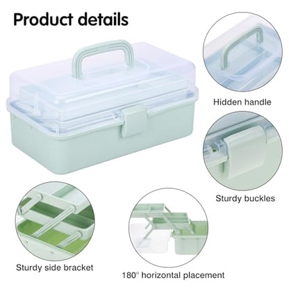 Tackle Box, Craft Organizers and Storage 3-Layer Portable Folding Toolbox, Plastic Tool Box with Handle for Sewing Supplies, Medicine, Art Supplies, Nails and Hair Accessories (Haze Green, 12.5inch)