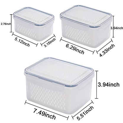 3Pack Fridge Food Storage Container Set with Lids with Strainer,Plastic Fresh Produce Saver Vegetable Fruit Meat Storage Organization, BPA-Free Plastic Produce Keepers(3.15L+1.7L+0.8L)
