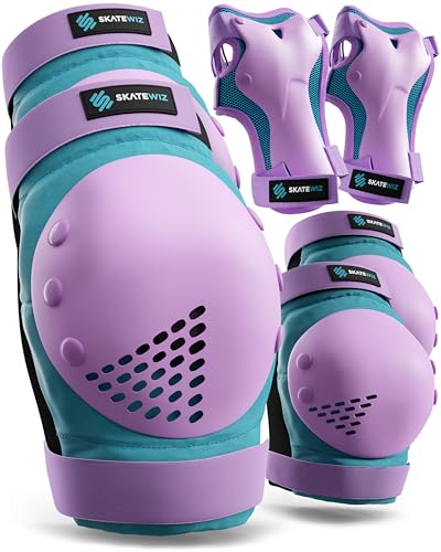 SKATEWIZ Skateboard Pads Protective Gear Set for Kids and Adults - Smash - Roller Skate Pads [6pc] with Wrist Guards - Skating Protective Gear - Roller Derby - color: Blue Purple, size: L - Teens/Adults