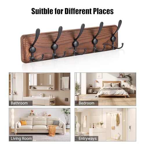 Gohiuo Rustic Wall Mount Coat Rack, Coat Hooks Wall Mount Wood Coat Rack with 5 Triple Hooks, Heavy Duty Wooden Wall Mounted Coat Hanger for Entryway, Farmhouse Hanging Coats, Hats, Bags,Towels - size: 5 hooks-1 items