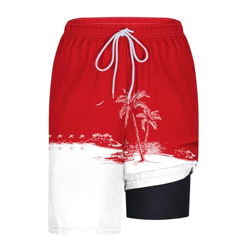 Men's Swim Trunks with Compression Liner Drawstring Bathing Suits Board Beach Shorts with Pockets - color: Red, size: Medium