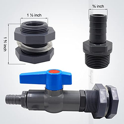 rain barrel spigot kit within MIP1-1/2 inch to FIP 1 inch pvc bulkhead adapter valve 5/8" barb fitting, for 5/2.5/50/55/100 gallon water tank garden bucket outdoor rainwater collection