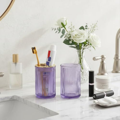 Toothbrush Holders for Bathrooms, 2pcs Purple Glass Toothbrush Holder, Bathroom Toothbrush Cup and Toothpaste Holder with Gold Divider, Tooth Brush and Toothpaste Organizer for Countertop - color: Purple Gold