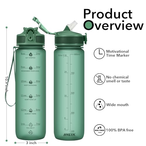 Hyeta Plastic Water Bottle With Straw & Time Marker, 32oz Leakproof Jug - color: Forest