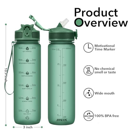 Hyeta Plastic Water Bottle With Straw & Time Marker, 32oz Leakproof Jug - color: Forest