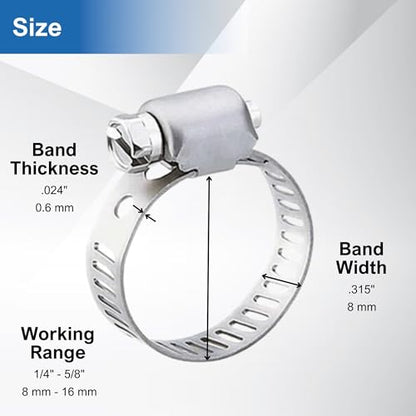 #4 Mini Hose Clamp 10Pcs, Adjustable Stainless Steel Band with Zinc Plated Screw, Wire Hose Clips Worm Gear Hose Clamps