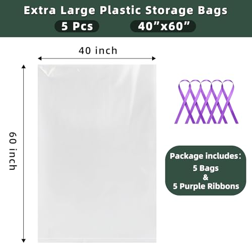 Extra Large Clear Plastic Storage Bags,5Pieces 40x60 Inches Big Giant Jumbo Huge Plastic Storage Bags for Luggage, Suitcase,Furniture,5 Ribbons Included