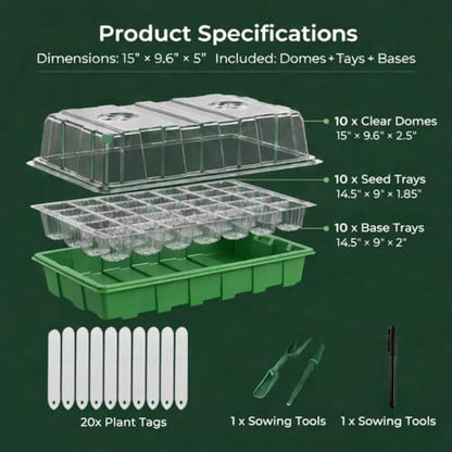 Gardzen 10 Pack 40 Cell BPA Free Seed Starter Tray Kit - Reusable Plant Germination Trays with Adjustable Vents, Sowing Tool & Labeling Set for Indoor Gardening Vegetables Herbs Flowers - size: 10-Pack