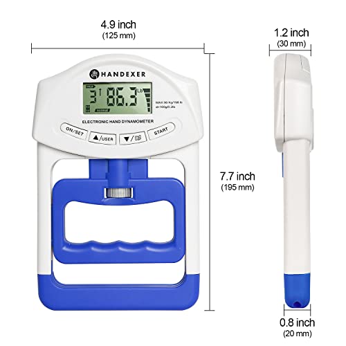 Digital Grip Strength Tester, 198 lb Hand Dynamometer, Blue | 198 lb Capacity; 0.2 lb Increments; 19 User Profiles; Adjustable Handle; LCD Display; For Sport and Rehab