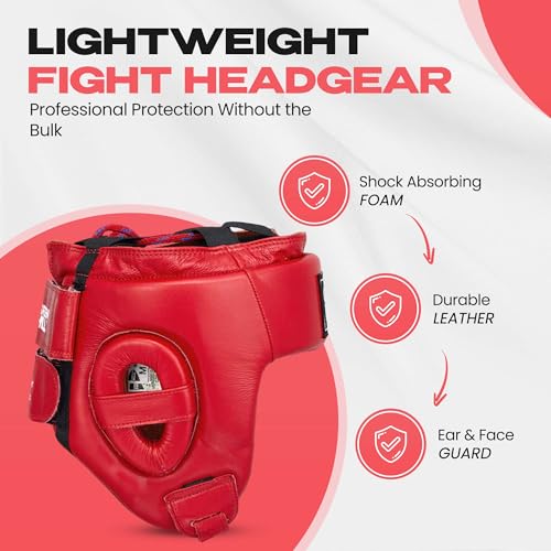 Green Hill Five Star Leather Boxing Headgear for Men & Women | AIBA-approved leather head guard for boxing, MMA and Muay Thai with secure fit and impact protection during sparring. - color: Red