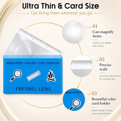 Frienda 50 Pcs Pocket Magnifying Glass 4X Fresnel Lens Credit Card Pocket Magnifier Plastic Ruler Starting Fire Emergency Bushcraft Outdoor Survival Leisure for Classroom Home Office (Blue) - color: Blue