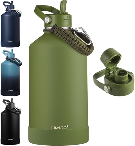 CIVAGO Gallon Insulated Stainless Steel Water Bottle with Removable Straw | 128 oz Large Leakproof Water Jug, Big Metal Sports Flask Cup with Bucket Handle, Silicone Boot, Dishwasher Safe, Army Green - color: Army Green, size: 128 Ounces