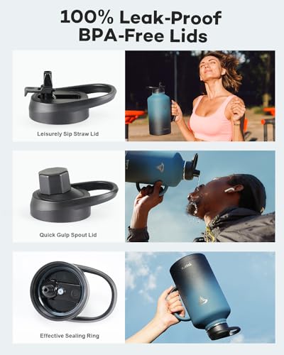 Topre 64oz Water Bottle Insulated with Handle,Double-Wall Vacuum Stainless Steel (Cold for 48 Hrs), Half Gallon Water Jugs,Reusable Metal Water Flask with Carry Pouch,Straw & Spout Lid,Indigo Black - color: Indigo Black with Handle, size: 64 Ounces