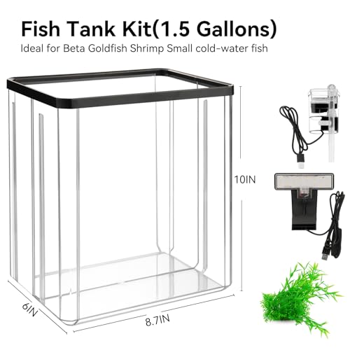 1.5 Gallon Aquarium Starter Kits - Plastic Fish Tank Kit Clear Beta Fish Tank Small with Filteration Oxygenation, Water Circulation, Lighting - Beginner's Gift for Guppy, Shrimp, Goldfish