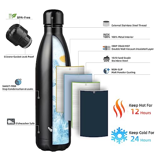 Konokyo 25 oz Insulated Stainless Steel Water Bottle, Midnight Black - color: Midnight Black, size: 25 Ounces
