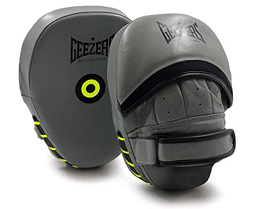 Geezers Boxing Big Precision Curved Coaching Pads,Premium Leather Material Hook and Jab Focus Mitts Pads, Men and Womens Coaching Aid for Hand Target Striking (Grey)