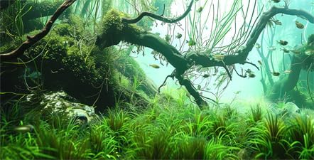 48X24IN Natural Submerged Forest Background Aquarium Background, 3D Image of Underwater Fish Tank Decoration, Greenery with 10 EVA Double-Sided Tape ﻿