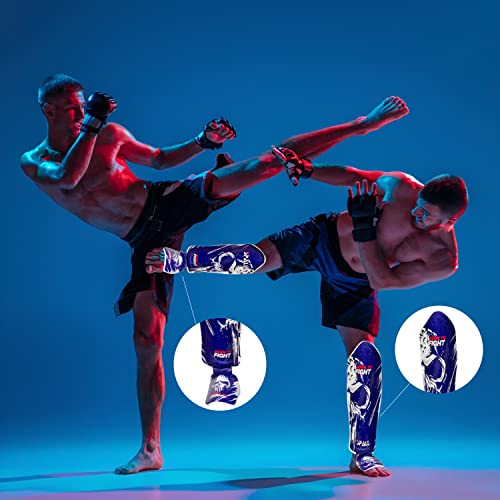 Spall Pro US Muay Thai Guards Shin Guards for Kickboxing Martial Arts Kicking BJJ Boxing Equipment MMA Training and Sparring Leg Guard with Instep Protection Pads Born to Fight Blue (Medium)