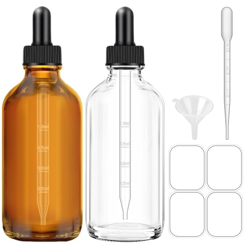 Amber Dropper Bottles, 4oz Glass Bottle with Dropper for Essential Oils with Funnel, Labels & Pipette, 2-Pack Tincture Bottles with Dropper(Unbreakable Plastic Eye Dropper) - color: Amber and Clear