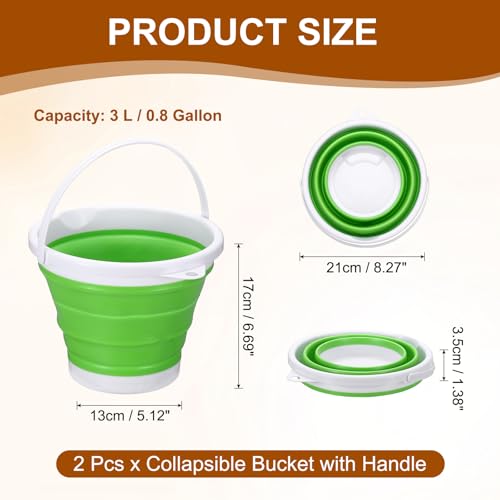 uxcell 2 Pcs Collapsible Bucket, 0.8 Gallon (3L) Small Foldable Bucket, Portable Water Pail Round Tub Cleaning Tools with Handle for RV Camping Household Garden Fishing Car Wash, Green