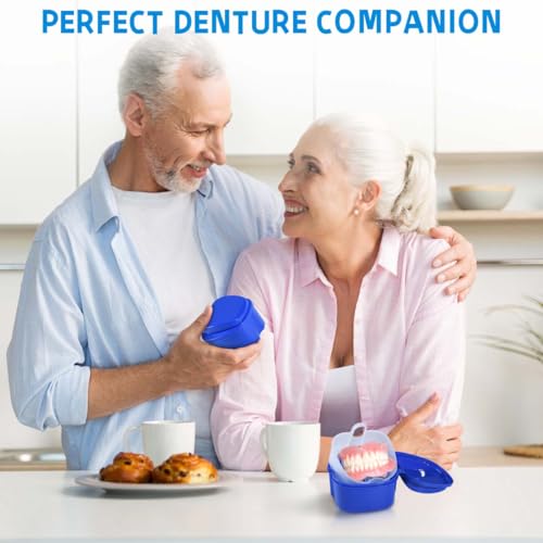 KISEER 2 Pack Colors Denture Bath Case Cup Box Holder Storage Soak Container with Strainer Basket for Travel Cleaning (Light Blue and Blue) - color: Light Blue and Blue