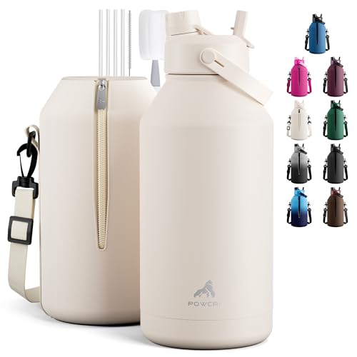 POWCAN 64 oz Water Bottle Insulated with 2-in-1 Straw and Spout Lid, Carrier Bag, Handle Strap, Leakproof, BPA-Free, Half Gallon Metal Water Bottle for Camping, Picnic and Hydration (Cream) - color: Cream
