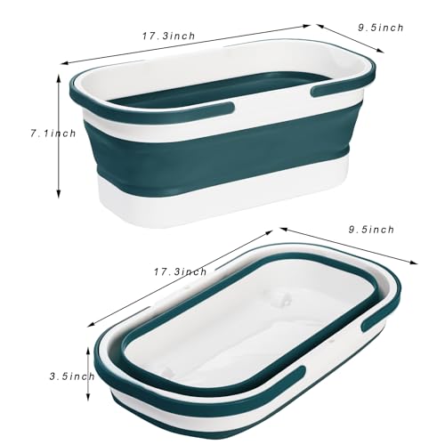 Yesland 2 Pack Collapsible Plastic Bucket with Wheels, 12L (3.17 Gallon) Foldable Rectangular Mop Bucket, Portable Water Pail with Handle for House Cleaning, Car Washing, Fishing, Camping, Gray & Blue