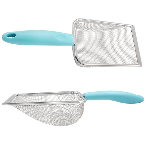Hordion Cat Litter Scoop Stainless Steel Mesh Scooper, 2mm Mesh Non-Stick Coated Metal Litter Shovel Fine Sand Litter Scooper for Litter Box Kitten Pooper Lifter, Cyan