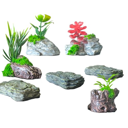 Kai Dream Miniature Fake Stone Rocks, Trees Stumps with Plants -7 Piece Decorative Landscape Ornaments for Fairy Garden Accessories, Zen Garden, Diorama