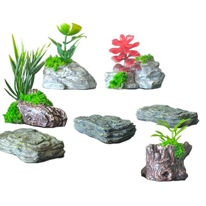 Kai Dream Miniature Fake Stone Rocks, Trees Stumps with Plants -7 Piece Decorative Landscape Ornaments for Fairy Garden Accessories, Zen Garden, Diorama