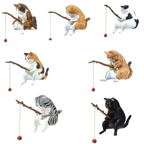 7 Pcs Cat Fishing Figurine, Cute Cat Statue Decor, Resin Mini Fish Tank Decorations Craft Sculpture for Aquarium Tanks Desk Yard Pond Indoor Outdoor