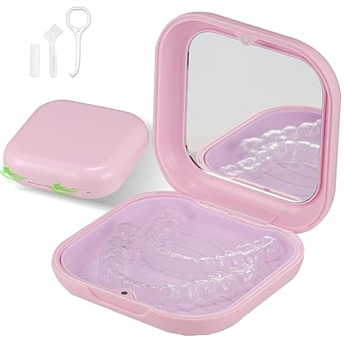 Retainer Case with Mirror, Compatible with Invisalign, Aligner - Pink | Slim & Premium, Portable for Travel, Customized Magnetic Closure, Accessories: Retainer Remover Tool, Seater, Brush - color: Square: Pink