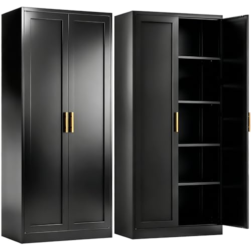 71" H Kitchen Storage Cabinet with 4 Adjustable Shelves, Metal Pantry Cabinet, Pantry Organizers and Storage Cabinet for Kitchen, Bathroom, Living Room (Black) - color: Black, size: 71" H-P