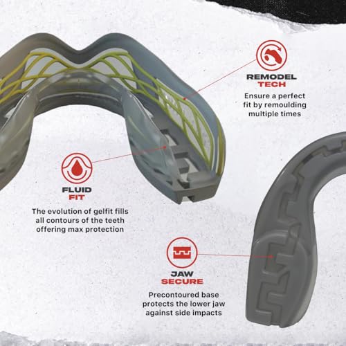 SAFEJAWZ Sports Mouth Guard Triple Layer Premium Protection with Shock-Cage | Adult 12+ Years, Grey Gum Shield with Case, Easy Fit Remouldable, Anti Gag, Rugby, Boxing, MMA, Hockey, Contact Sports - color: Grey