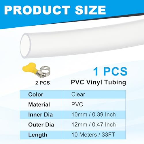 PATIKIL PVC Vinyl Tubing, 3/8"ID x 1/2"OD Flexible Clear Plastic Tube with 2 Hose Clamps, Hose Line Pipe for Multipurpose Industrial Vinyl Aquarium, 33FT - size: 3/8" ID 33FT