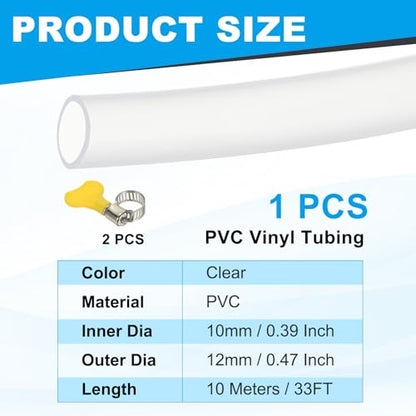 PATIKIL PVC Vinyl Tubing, 3/8"ID x 1/2"OD Flexible Clear Plastic Tube with 2 Hose Clamps, Hose Line Pipe for Multipurpose Industrial Vinyl Aquarium, 33FT - size: 3/8" ID 33FT