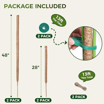 4 Pack Moss Pole Monstera Plant Support, 2 Pack 28" & 2 Pack 48" Bendable Plant Stakes Made of Real Coco Coir Support for Climbing Indoor Plants, Tall Moss Stick Trellis for Potted Climbers