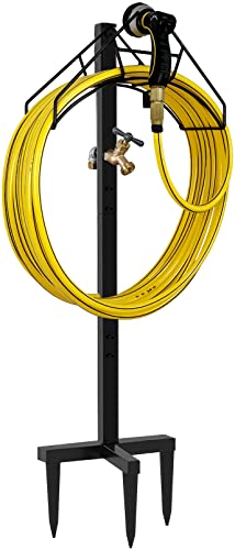 Freestanding Outdoor Garden Hose Holder Stand with Brass Faucet, Heavy Duty Metal Water Hose Reel Storage Stake Rack for Backyard, Black (Hose not Included)