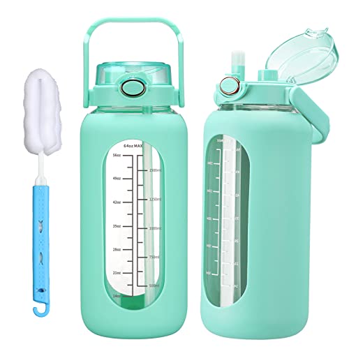 chunmo 42oz/52oz/64oz Glass Water Bolttles with Straw Half Gallon Large Motivational Water Bottle with Time Marker Sports Water Bottles with Silicone Sleeve and Handle Lid Water Jug for Gym Workout - color: Green, size: 42 Ounces