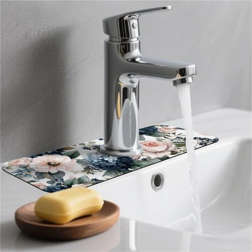 Kitchen Sink Splash Guard，Pink roses, blue hydrangeas-1 Faucet Mat Sink Gadgets-Super Absorbent Fast Drying Mat Drip Catcher for Kitchen, Bathroom,Sink Mat, Dish Drying Mat, Bathroom(15" X 5.5" ) - color: Pink roses, blue hydrangeas-1