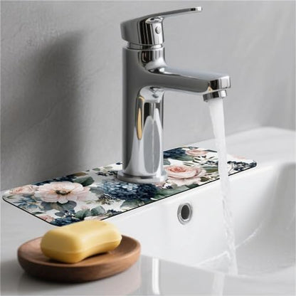 Kitchen Sink Splash Guard，Pink roses, blue hydrangeas-1 Faucet Mat Sink Gadgets-Super Absorbent Fast Drying Mat Drip Catcher for Kitchen, Bathroom,Sink Mat, Dish Drying Mat, Bathroom(15" X 5.5" ) - color: Pink roses, blue hydrangeas-1