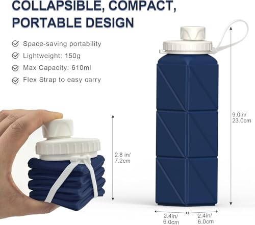 BEAUTAIL Collapsible Water Bottles 21oz/610mL, Silicone Travel Water Bottle | BPA Free, Leakproof & Reusable, Foldable Water Bottle for Traveling, Hiking, School, Sports, Outdoor, 2-Pack, Blue+DarkBlue - color: Dark Blue+Blue