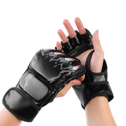 HERCHR MMA Gloves Sparring Hybrid Open Palm Martial Arts Mitts Men Women Leather Wrist Support Sports Boxing Glove Training Muay Thai(Black)