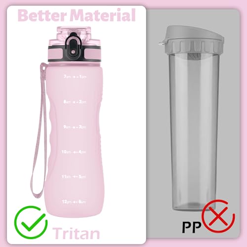 OLDLEY 25 oz Water Bottle, Motivational Water Bottle with Time Marker, Sports Water Bottle With Strap, Leakproof & BPA Free Large Water Bottles for School, Gym, Travel, Outdoor, Tritan,Pink