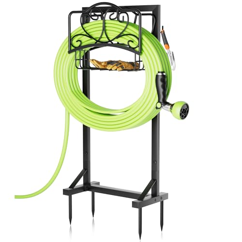 Stable Garden Hose Holder with Storage Basket and Tool Hooks, Heavy-Duty Garden Hose Storage Metal Hose Hanger Holds 160Ft, Rustproof Freestanding Water Hose Holder for Outside,Yard,Lawn,Farm - color: Black