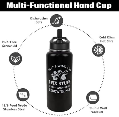 Mechanic Water Bottle with Straws Garage Insulated Water Bottle Gifts for Men,Father,Dad,Grandpa,Husband,Car Guy,Anniversary,Fathers Day Travel Thermal Double Walled Vacuum Cup-32 oz - color: black mechanic