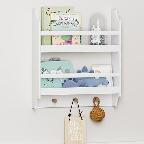 UTEX Floating Nursery Bookshelves, 2-Tier Wall Shelf with 3 Hooks, White