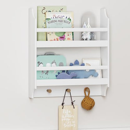 UTEX Floating Nursery Bookshelves, 2-Tier Wall Shelf with 3 Hooks, White