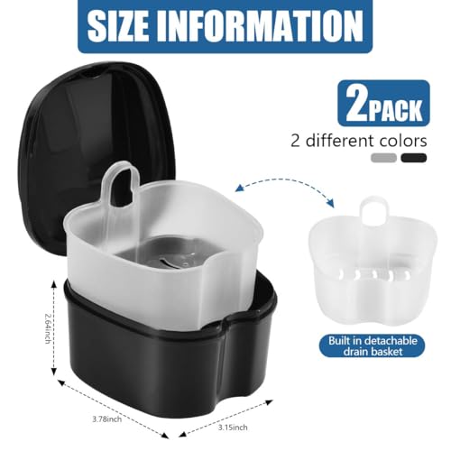 KISEER 2 Pack Colors Denture Bath Case Cup Box Holder Storage Soak Container with Strainer Basket for Travel Cleaning (White and Black) - color: White and Black